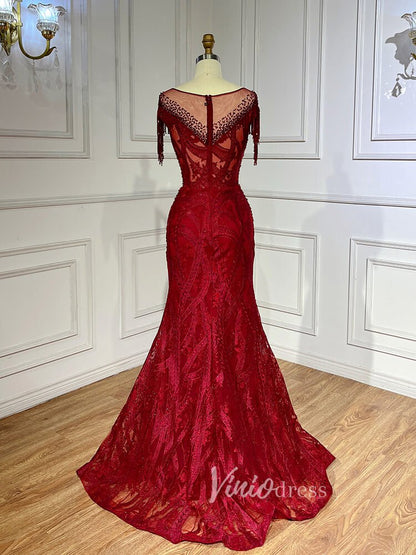Beaded Pink Lace Mermaid Prom Dresses Red Pageant Dresses 20023-Evening Dresses 2025 -Viniodress-As Picture-US 2-