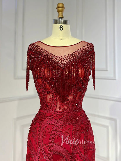 Beaded Pink Lace Mermaid Prom Dresses Red Pageant Dresses 20023-Evening Dresses 2025 -Viniodress-As Picture-US 2-