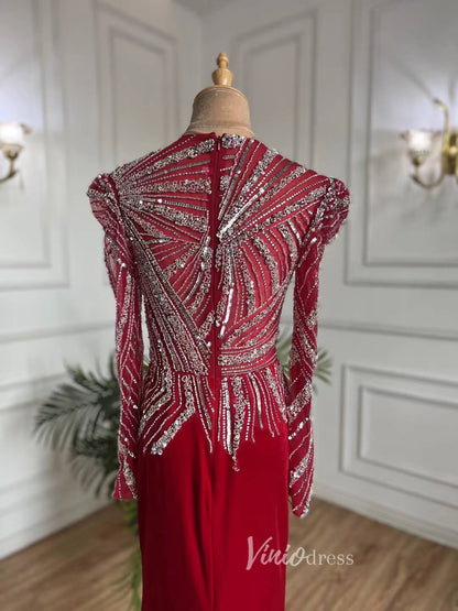 Beaded Red Prom Dresses Sheath Long Sleeve Evening Dress 20072-Evening Dresses 2025 -Viniodress-Red-US 2-