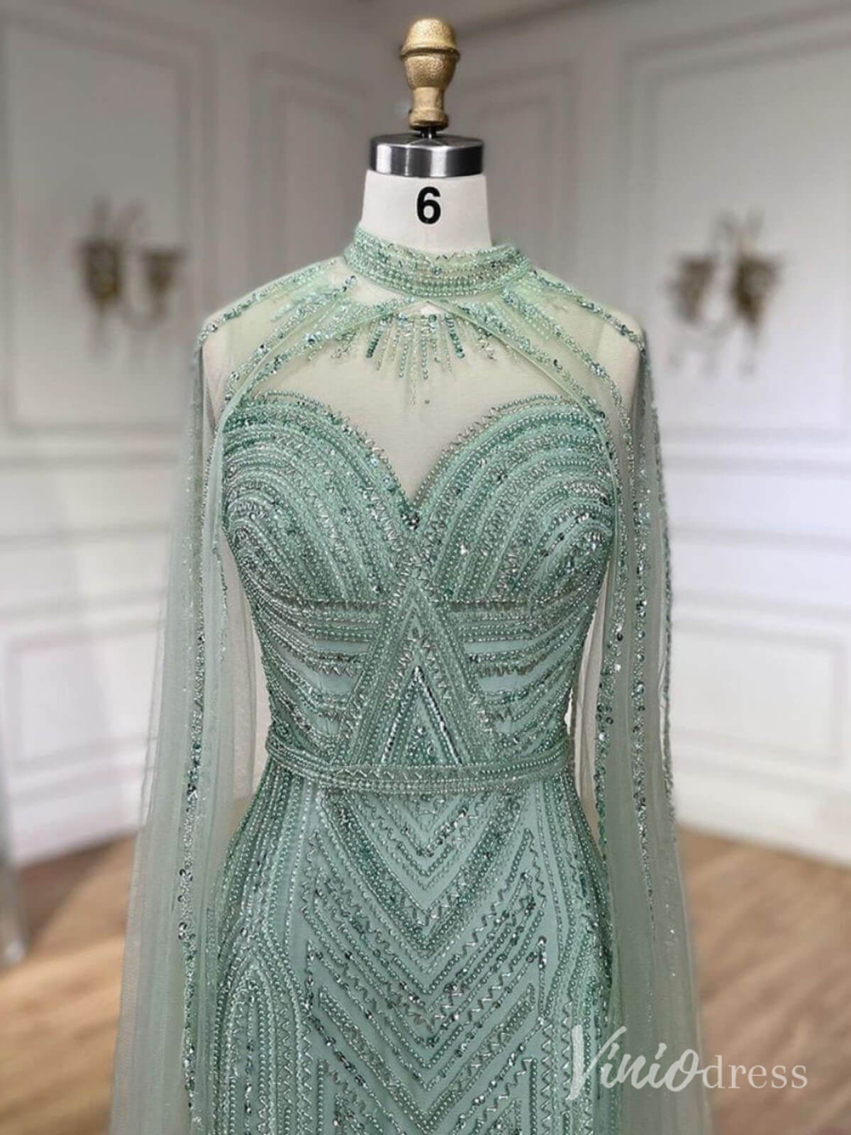 Beaded Removable Cape Sleeve Prom Dresses Mermaid High Neck Pageant Dress AD1253-Evening Dresses 2025 -Viniodress-Khaki-US 2-