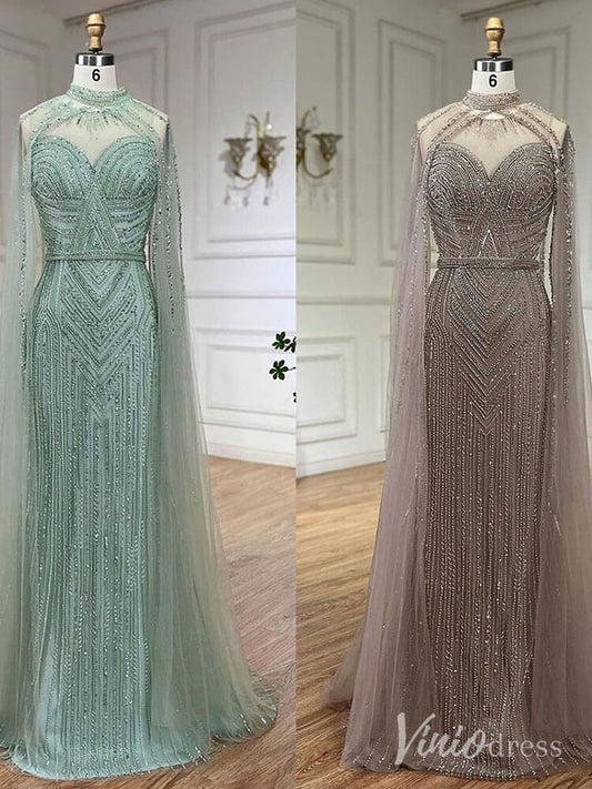 Beaded Removable Cape Sleeve Prom Dresses Mermaid High Neck Pageant Dress AD1253-Evening Dresses 2025 -Viniodress-Khaki-US 2-