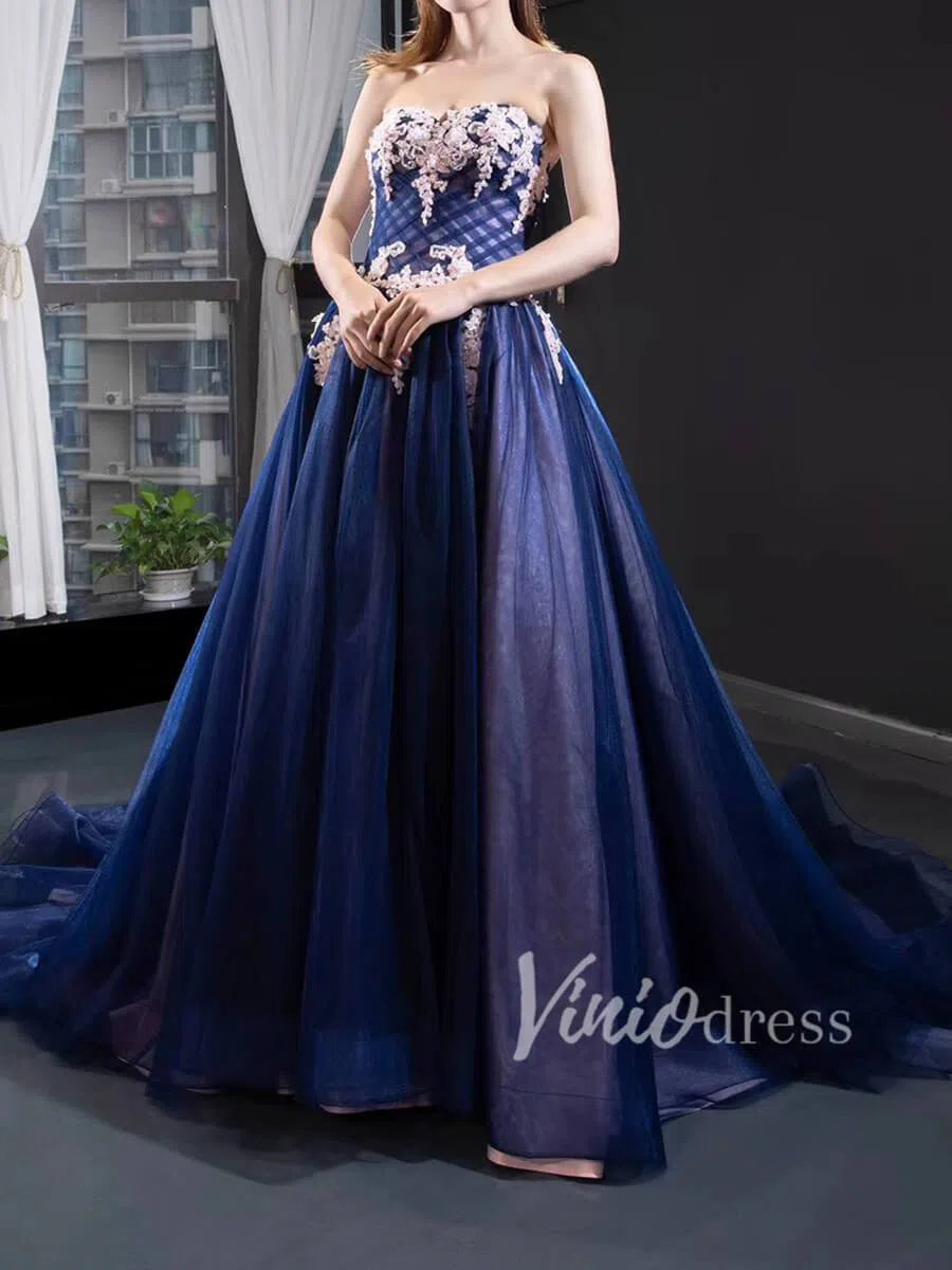 Beaded Royal Blue Strapless Long Prom Dresses FD1419-prom dresses-Viniodress-Royal Blue-Custom Size-Viniodress