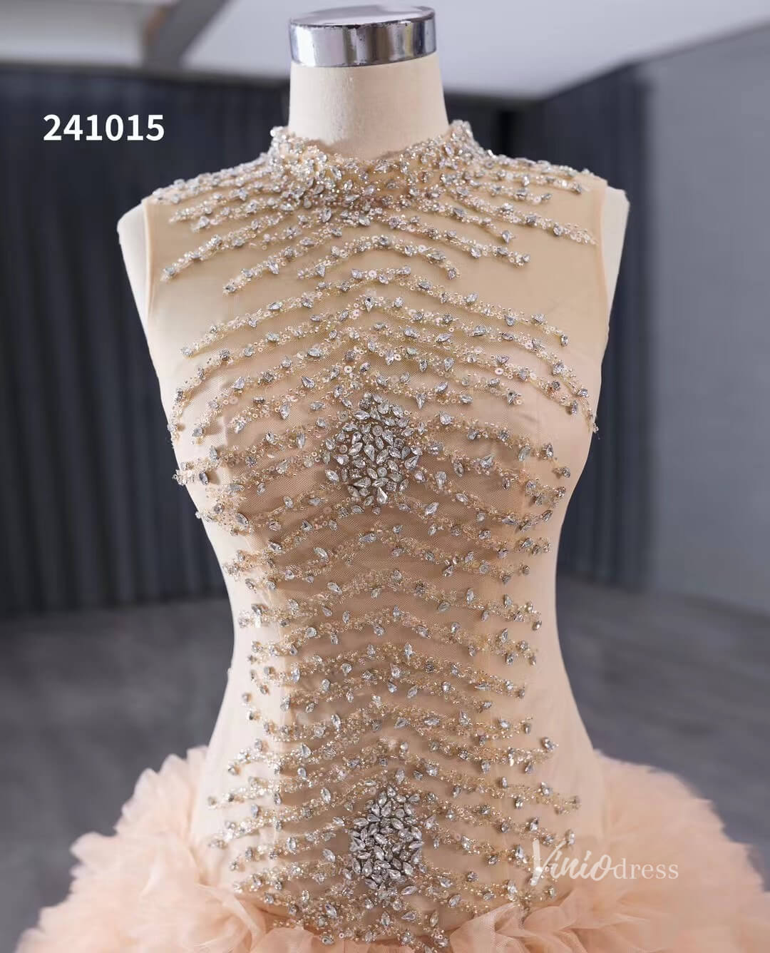 Beaded Ruffled Wedding Dresses High Neck Sleeveless Prom Dresses 241015-Quinceanera Dresses 2025 -Viniodress-Champagne-Custom Size-