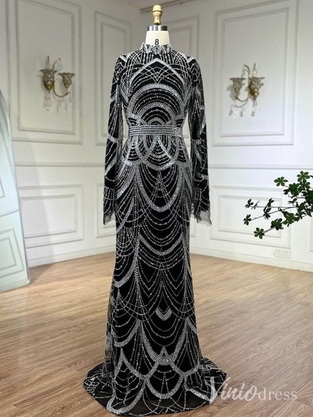 Beaded Sheath Long Sleeve Prom Dresses High Neck Pageant Dress AD1256-Evening Dresses 2025 -Viniodress-Black-US 2-