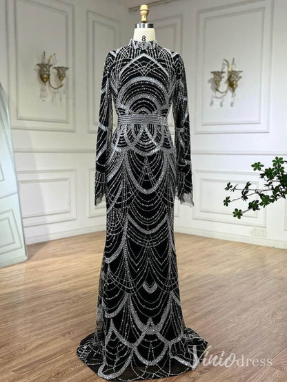 Beaded Sheath Long Sleeve Prom Dresses High Neck Pageant Dress AD1256-Evening Dresses 2025 -Viniodress-Black-US 2-