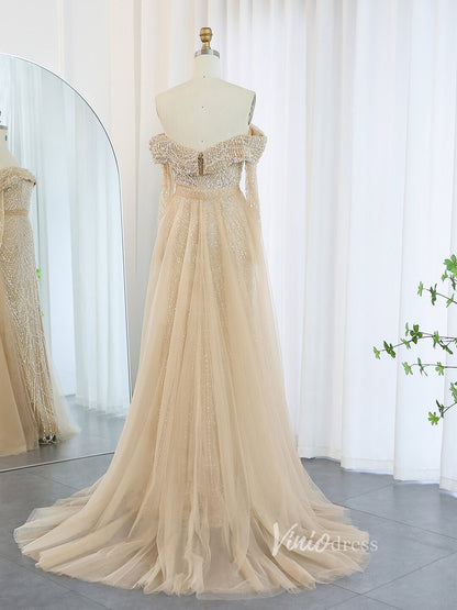 Beaded Sheath Off the Shoulder Prom Dresses Overskirt Long Sleeve Pageant Dress AD1172-Evening Dresses 2025 -Viniodress-Champagne-US 2-