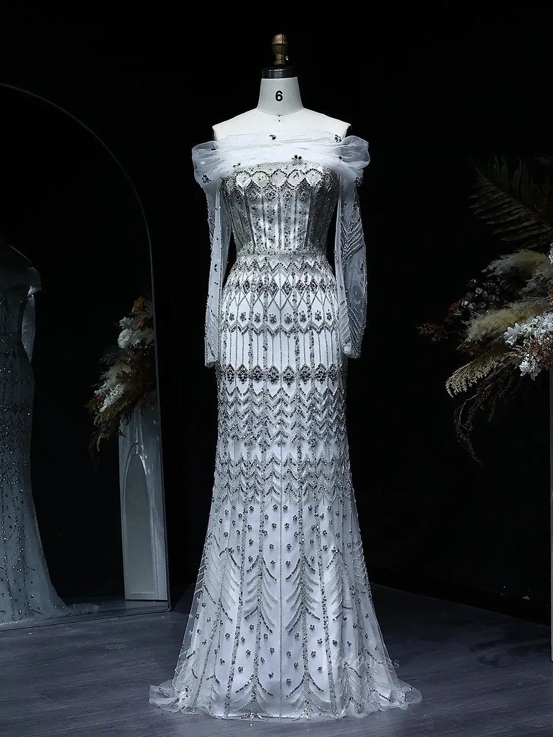 Beaded Silver Prom Dresses Convertible Sleeve Formal Dresses BD022-Evening Dresses 2025 -Viniodress-Long-Silver-US 2