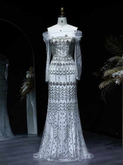 Beaded Silver Prom Dresses Convertible Sleeve Formal Dresses BD022-Evening Dresses 2025 -Viniodress-Long-Silver-US 2