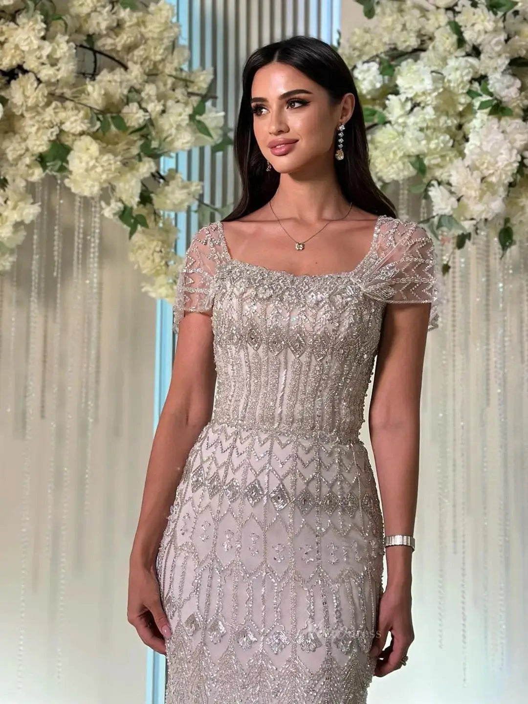 Beaded Silver Prom Dresses Convertible Sleeve Formal Dresses BD022-Evening Dresses 2025 -Viniodress-Long-Silver-US 2