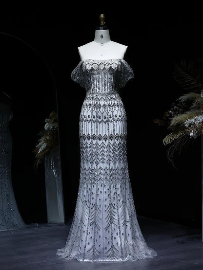 Beaded Silver Prom Dresses Convertible Sleeve Formal Dresses BD022-Evening Dresses 2025 -Viniodress-Long-Silver-US 2