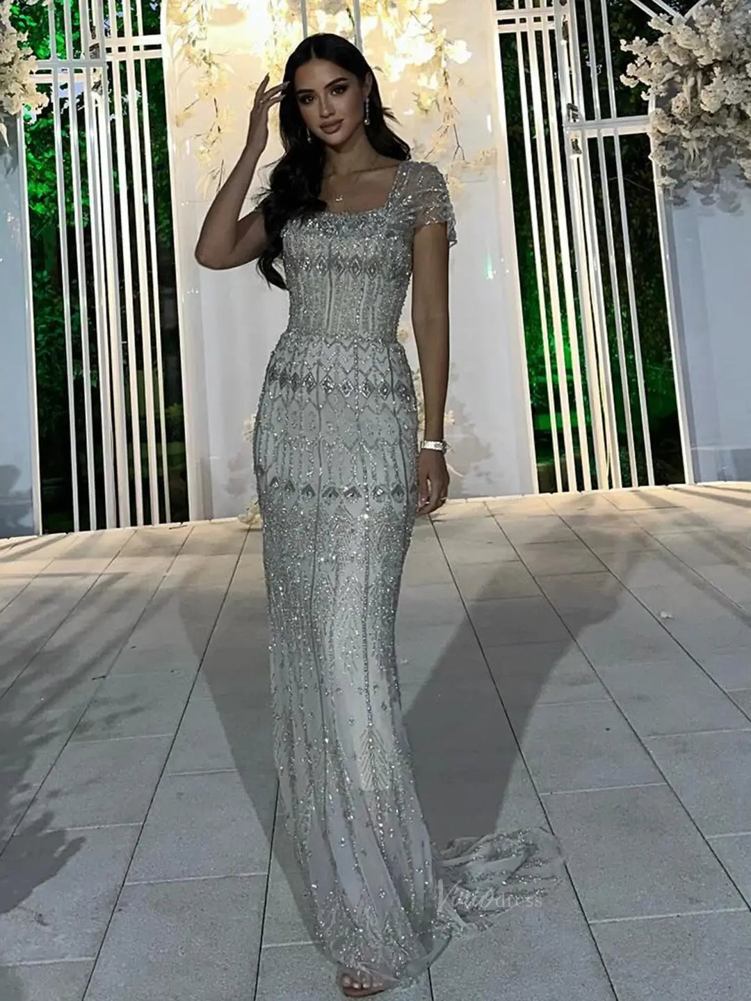 Beaded Silver Prom Dresses Convertible Sleeve Formal Dresses BD022-Evening Dresses 2025 -Viniodress-Long-Silver-US 2