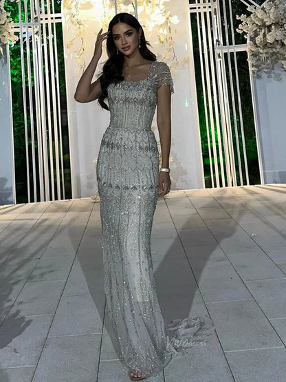 Beaded Silver Prom Dresses Convertible Sleeve Formal Dresses BD022-Evening Dresses 2025 -Viniodress-Long-Silver-US 2