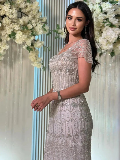 Beaded Silver Prom Dresses Convertible Sleeve Formal Dresses BD022-Evening Dresses 2025 -Viniodress-Long-Silver-US 2