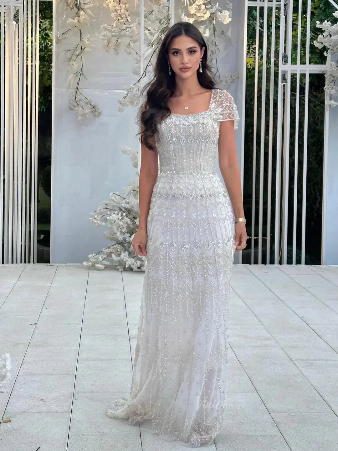 Beaded Silver Prom Dresses Convertible Sleeve Formal Dresses BD022-Evening Dresses 2025 -Viniodress-Long-Silver-US 2