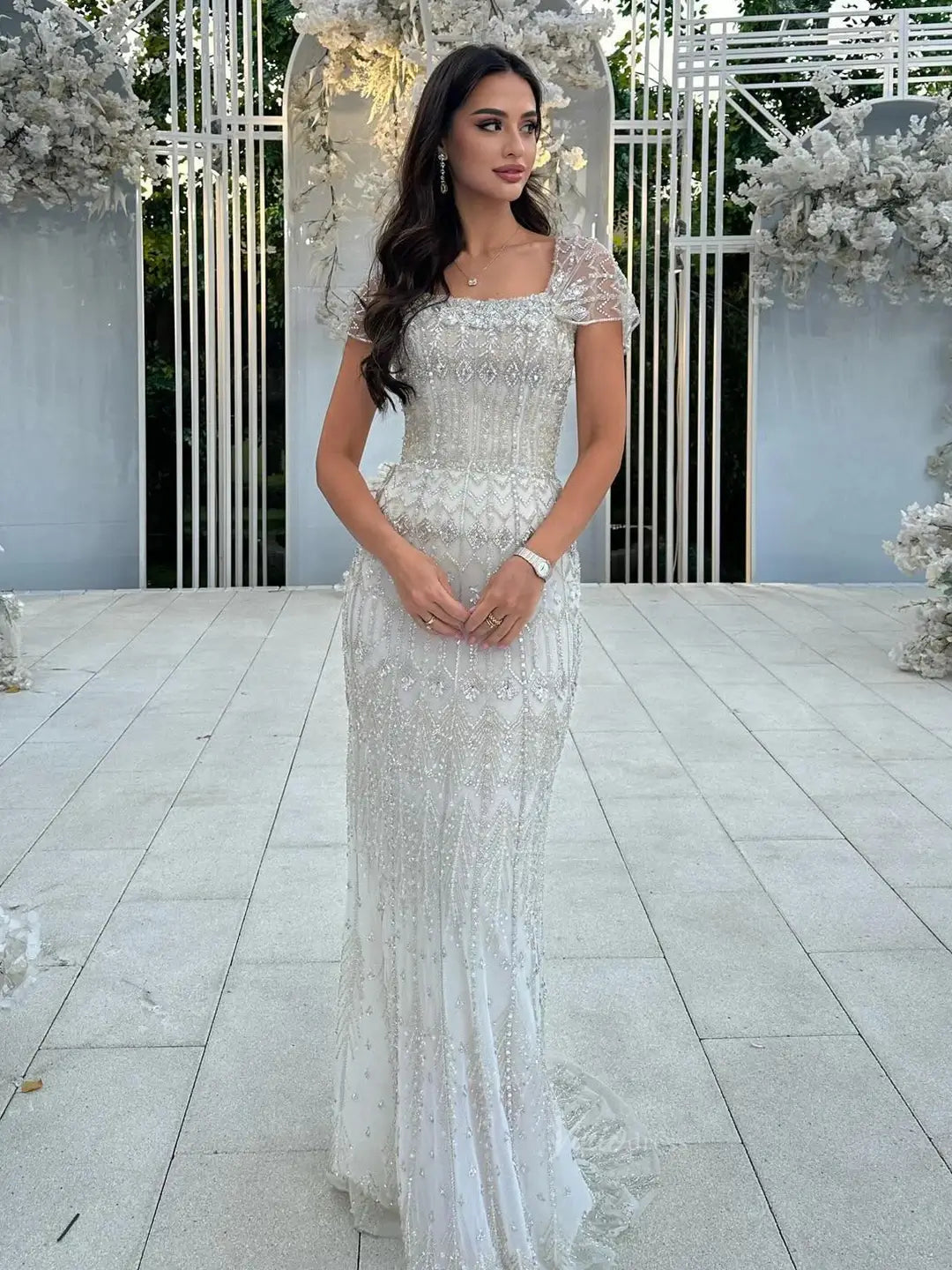 Beaded Silver Prom Dresses Convertible Sleeve Formal Dresses BD022 – Viniodress