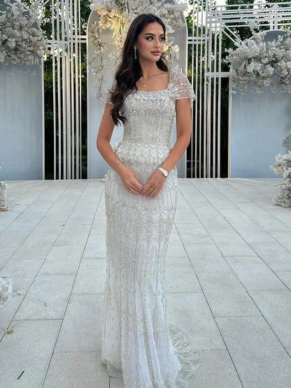 Beaded Silver Prom Dresses Convertible Sleeve Formal Dresses BD022-Evening Dresses 2025 -Viniodress-Long-Silver-US 2