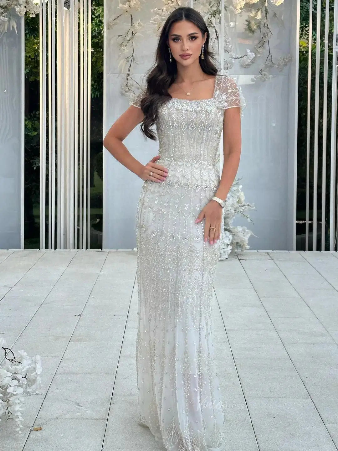 Beaded Silver Prom Dresses Convertible Sleeve Formal Dresses BD022 – Viniodress