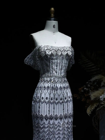Beaded Silver Prom Dresses Convertible Sleeve Formal Dresses BD022-Evening Dresses 2025 -Viniodress-Long-Silver-US 2