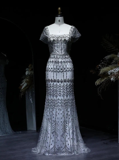 Beaded Silver Prom Dresses Convertible Sleeve Formal Dresses BD022-Evening Dresses 2025 -Viniodress-Long-Silver-US 2