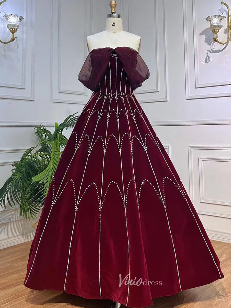 Beaded Strapless Burgundy Velvet Prom Dresses Detachable Sleeve Evenin – Viniodress