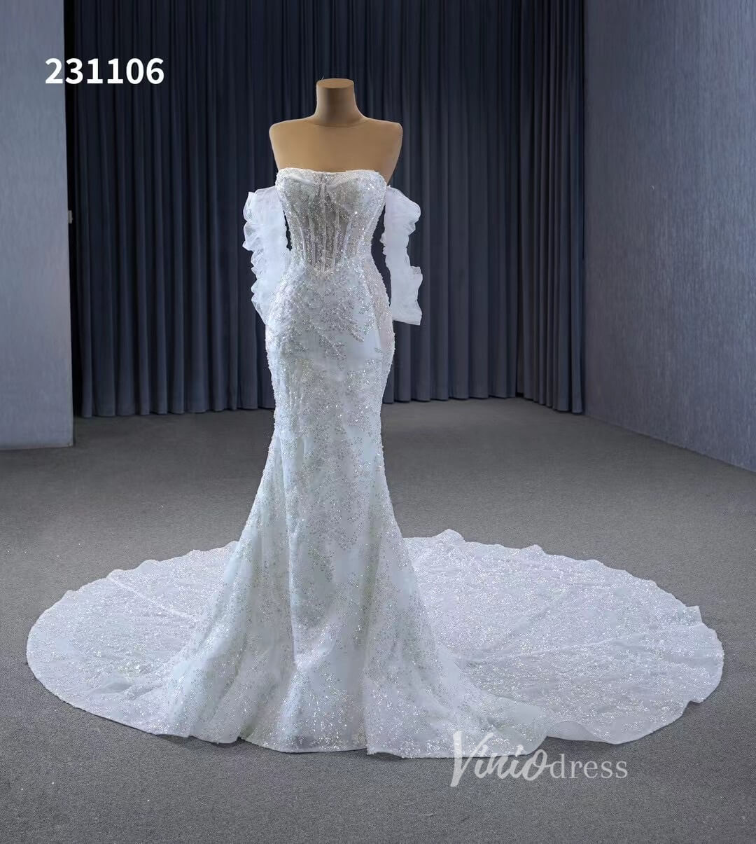 Beaded Strapless Mermaid Wedding Dresses Removable Sleeves 231106-wedding dresses 2025 -Viniodress-Ivory-Custom Size-