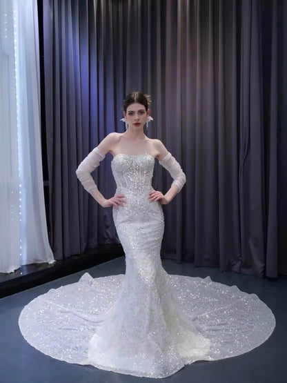 Beaded Strapless Mermaid Wedding Dresses Removable Sleeves 231106-wedding dresses 2025 -Viniodress-Ivory-Custom Size-