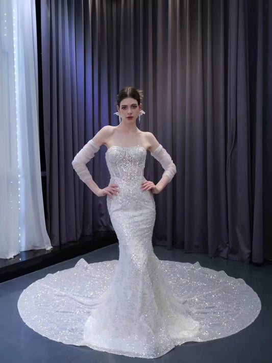 Beaded Strapless Mermaid Wedding Dresses Removable Sleeves 231106-wedding dresses 2025 -Viniodress-Ivory-Custom Size-