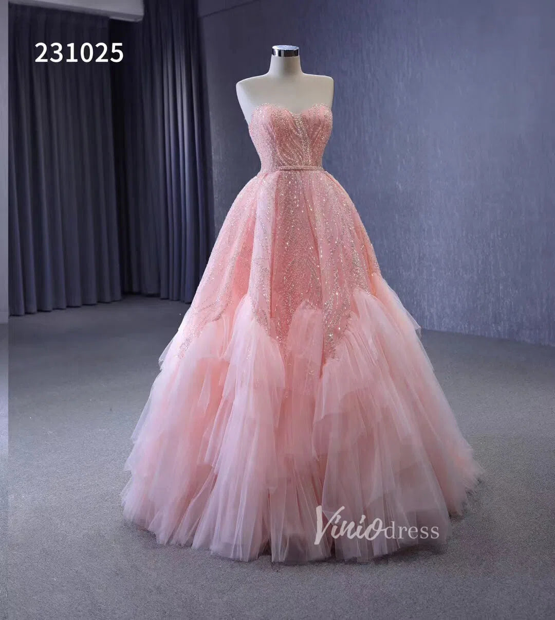Beaded Strapless Pink Ball Gown Prom Dress 231025-prom dresses 2025 -Viniodress-Pink-Custom Size-