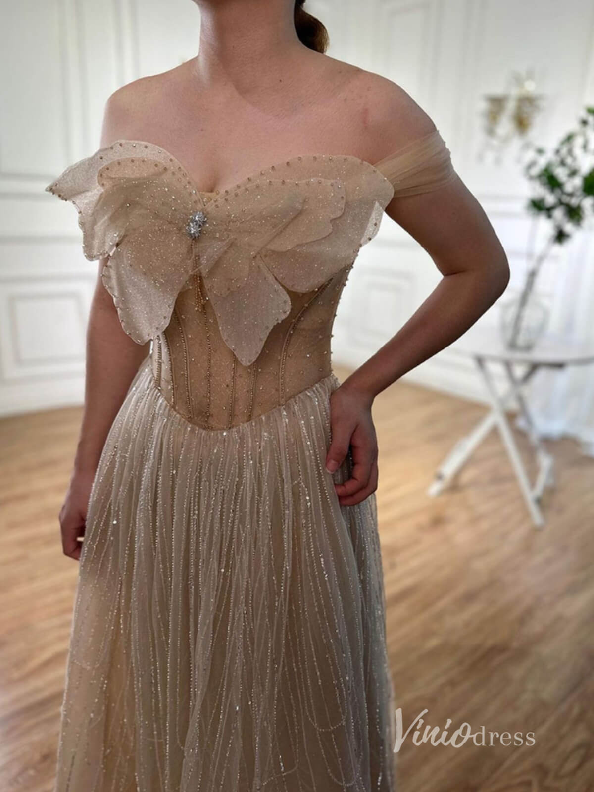 Beaded Tea-Length Evening Dresses Off the Shoulder Prom Dress AD1130-Evening Dresses 2025 -Viniodress-Khaki-US 2-