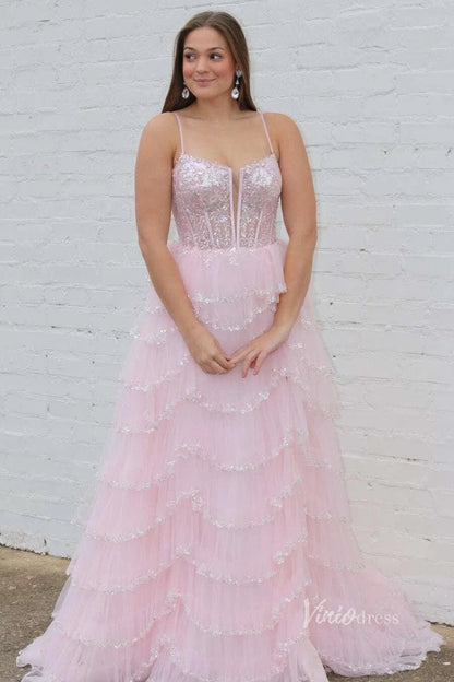 Beaded Tiere Ruffle Prom Dresses Spaghetti Strap Formal Gowns FD3640B-prom dresses 2025 -Viniodress-Black-Custom Size-