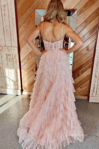 Beaded Tiere Ruffle Prom Dresses Spaghetti Strap Formal Gowns FD3640B-prom dresses 2025 -Viniodress-Black-Custom Size-