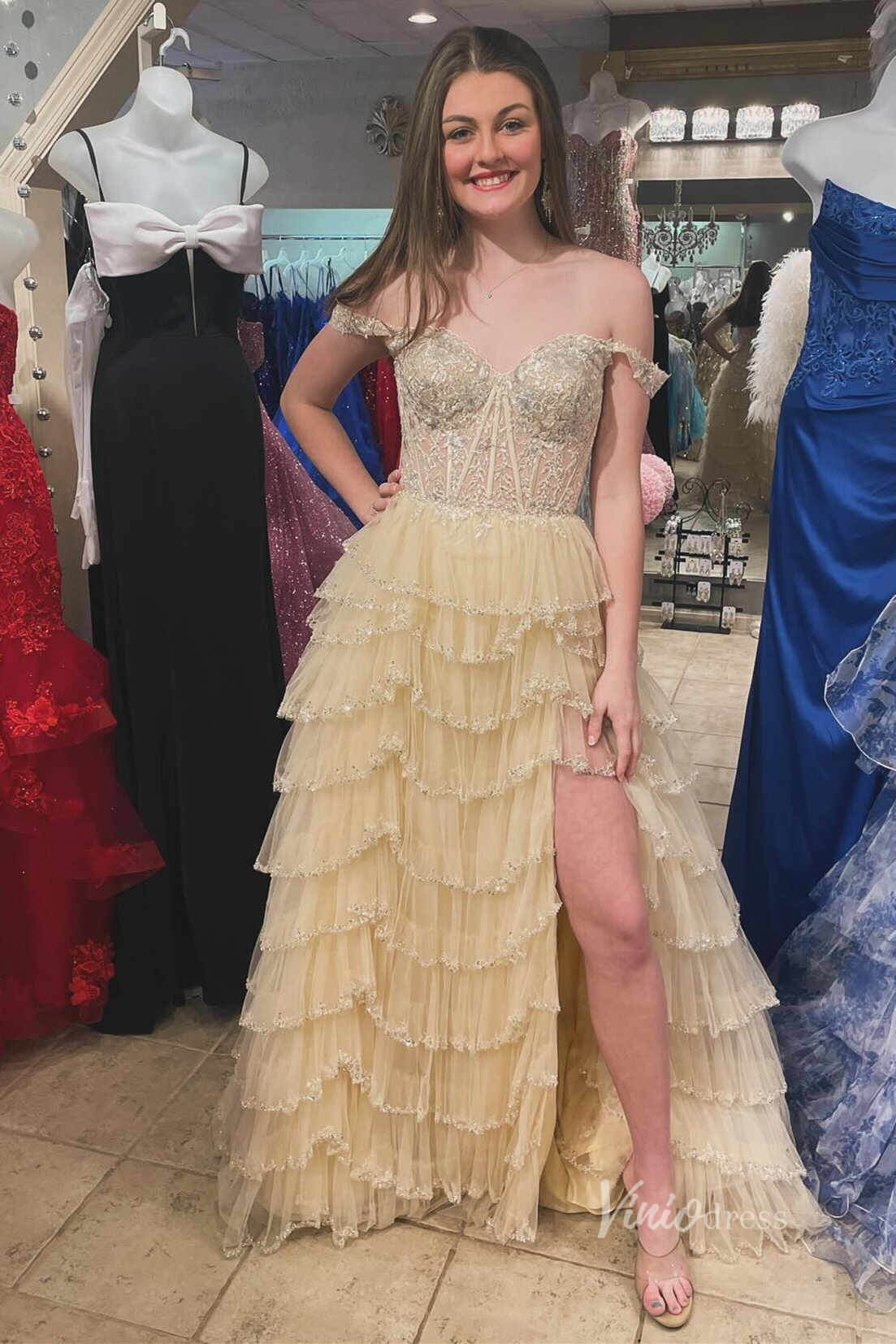 Beaded Tiere Ruffle Prom Dresses with Slit, Off the Shoulder FD3640D-prom dresses 2025 -Viniodress-Champagne-Custom Size-