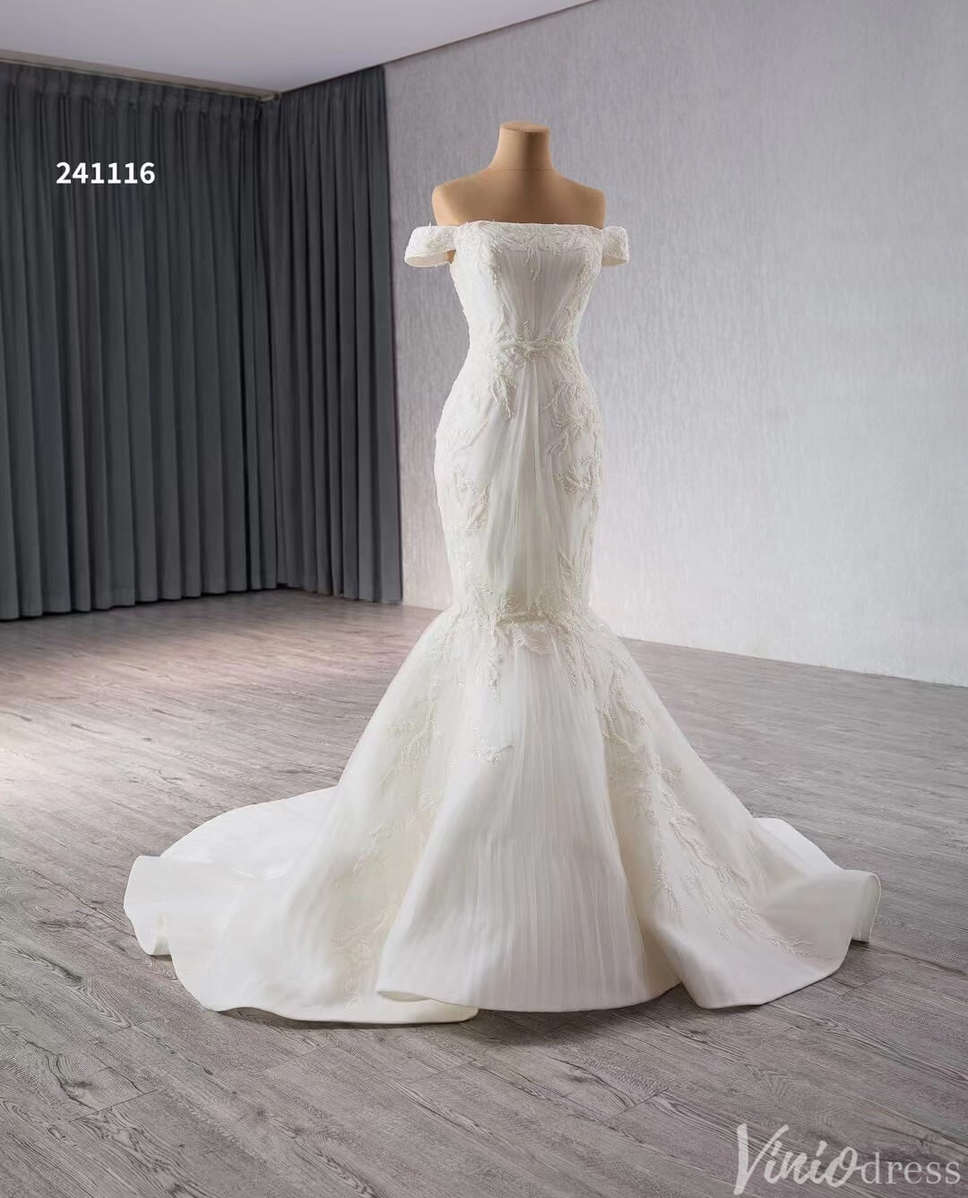 Beaded Tulle Mermaid Wedding Dresses Off the Shoulder Corset Back 2411 – Viniodress