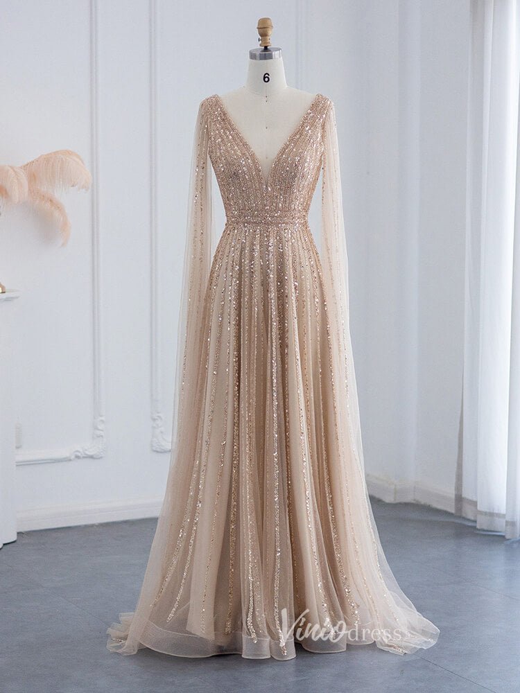 Beaded V-neck Prom Dresses Cape Sleeve Gatsby Formal Dresses 20017B-Evening Dresses 2025 -Viniodress-Taupe-US 2-