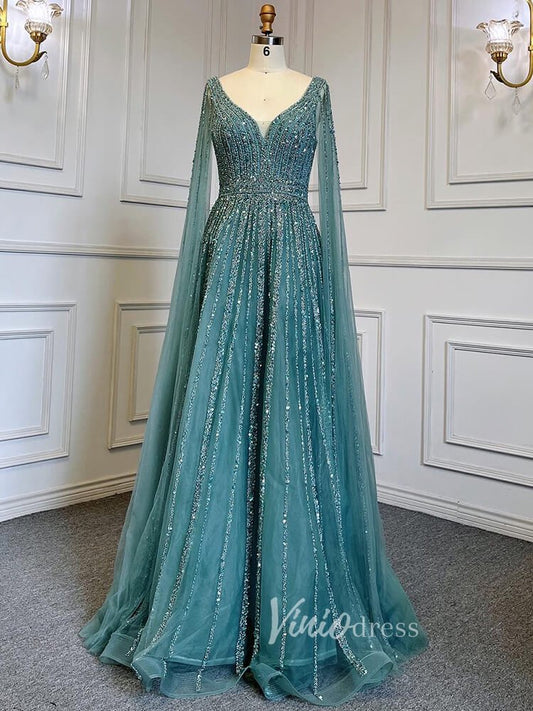 Beaded V-neck Prom Dresses Cape Sleeve Pageant Gowns 20017-Evening Dresses 2025 -Viniodress-Light Green-US 2-