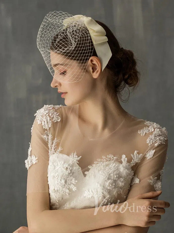 Birdcage Veils with Champagne Ribbon Bow Viniodress AC1003-Bridal Veil 2025 -Viniodress-Ivory-