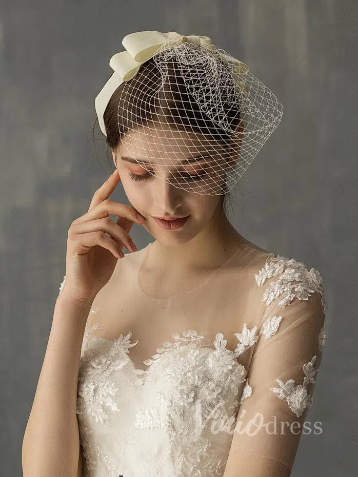 Birdcage Veils with Champagne Ribbon Bow Viniodress AC1003-Bridal Veil 2025 -Viniodress-Ivory-