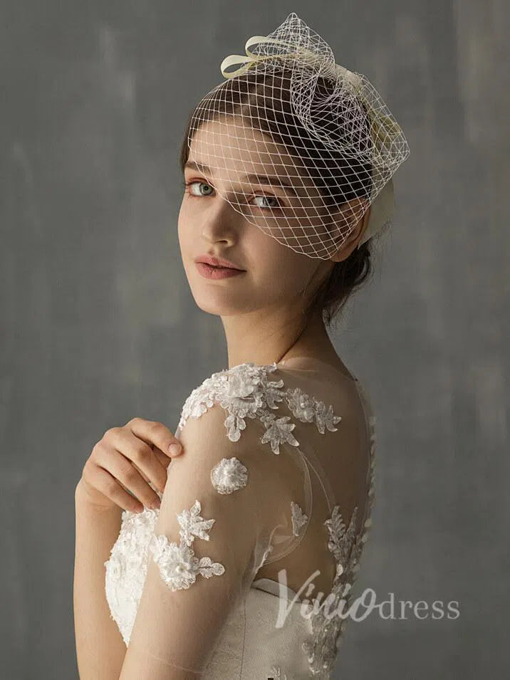 Birdcage Veils with Champagne Ribbon Bow Viniodress AC1003-Bridal Veil 2025 -Viniodress-Ivory-