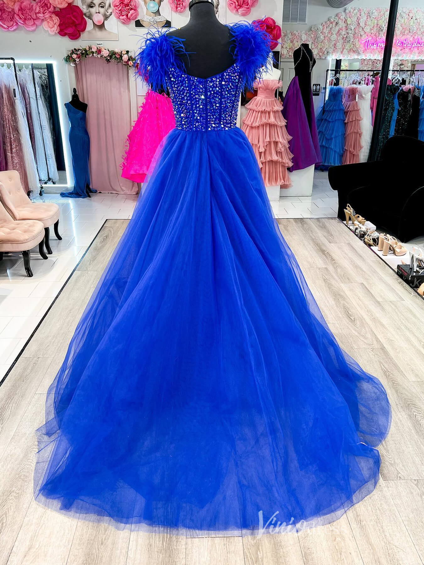 Black Beaded Prom Dresses Feather Strap Tulle Formal Gown FD4017-prom dresses 2025 -Viniodress-Black-Custom Size-