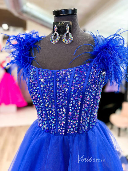 Black Beaded Prom Dresses Feather Strap Tulle Formal Gown FD4017-prom dresses 2025 -Viniodress-Black-Custom Size-