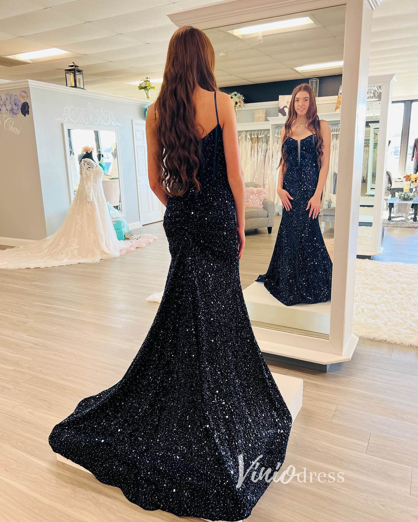 Black Beaded Sequin Prom Dresses Mermaid Spaghetti Strap Evening Dress – Viniodress