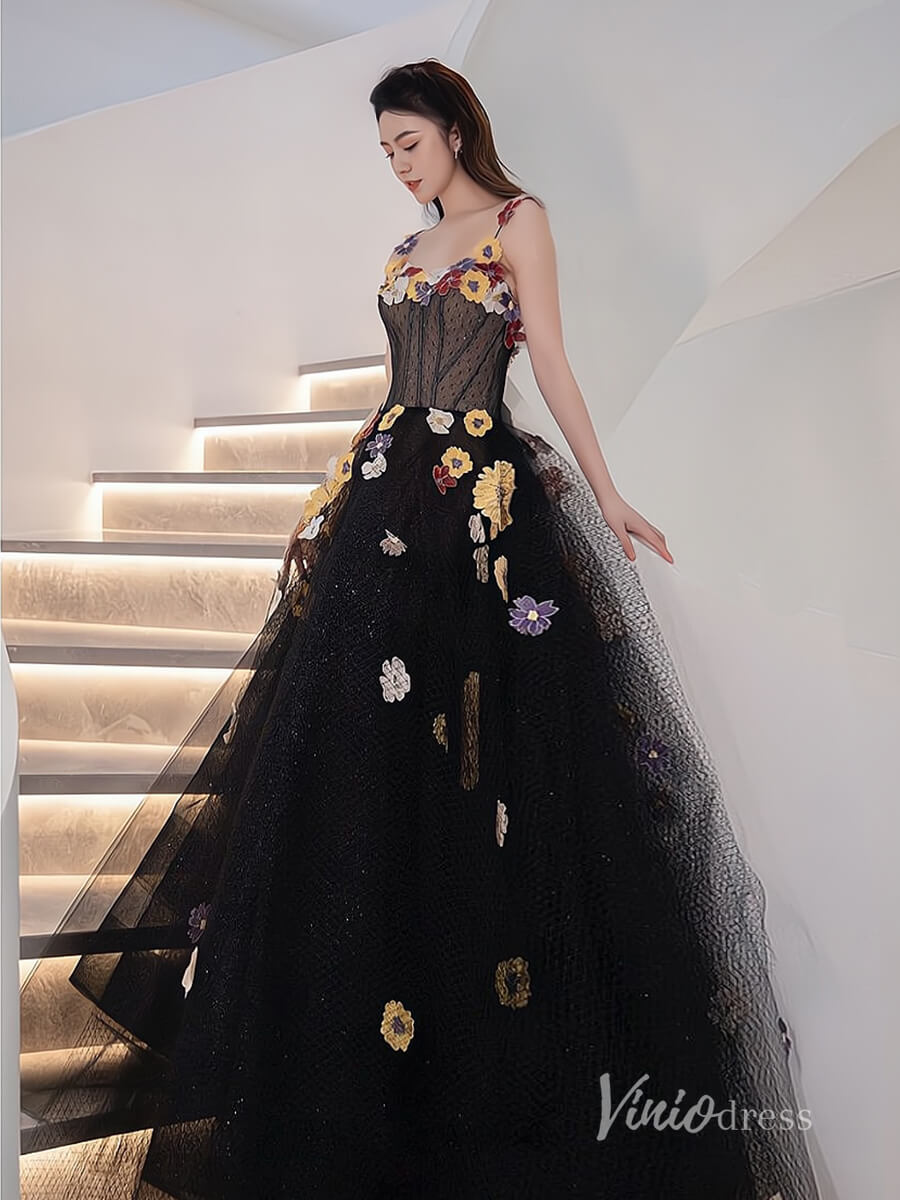 Black Floral Lace Applique Prom Dresses Spaghetti Strap Formal Dress A – Viniodress