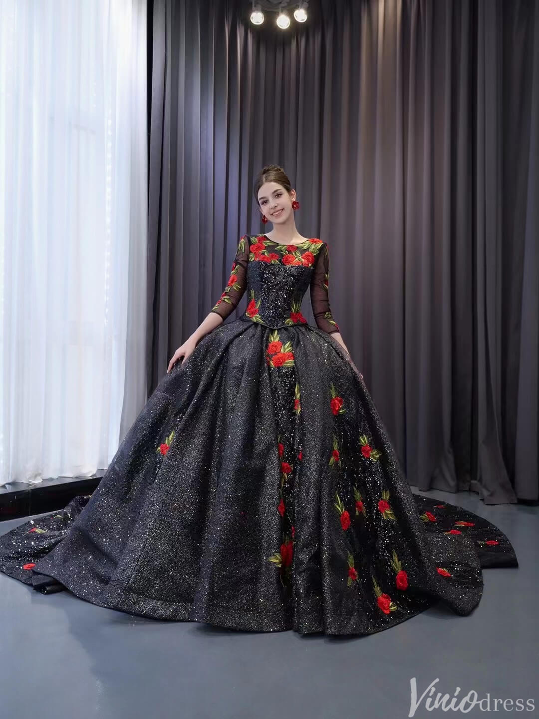 Black Floral Lace Rosette Wedding Dresses Sparkly Long Sleeve Quincean – Viniodress
