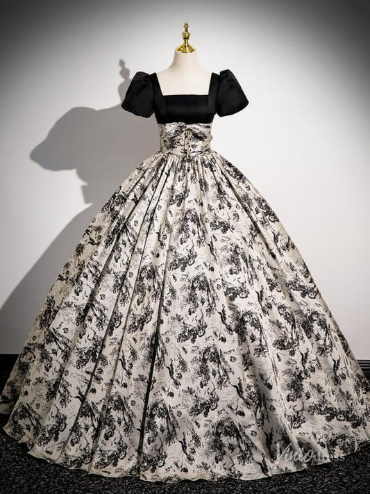 Black Floral Prom Dresses with Puffed Sleeves, Square Neck, Jacquard Quince Dresses BG039-prom dresses 2025 -Viniodress-Black-Custom Size-