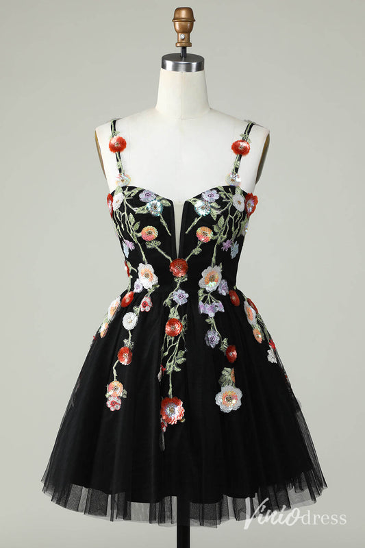 Black Floral Spaghetti Strap Homecoming Dresses Lace Applique Back to School Dress S24083-Homecoming Dresses 2025 -Viniodress-Black-Custom Size-