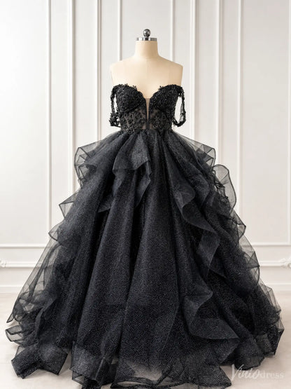 Black glitter ball gown with off-shoulder corset bodice, illusion V-neck, and voluminous ruffled tulle skirt.