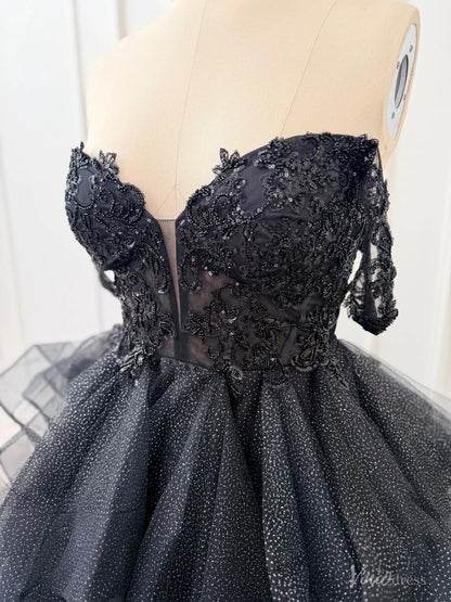 Black off-shoulder ball gown with a sequined lace corset bodice, illusion V-neck, and shimmering glitter tulle skirt.