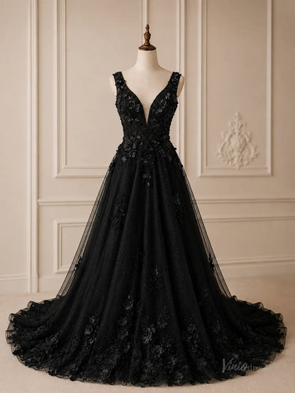 Black A-line wedding dress in glitter tulle with deep V-neck, 3D floral appliqué, and a chapel train on a mannequin.