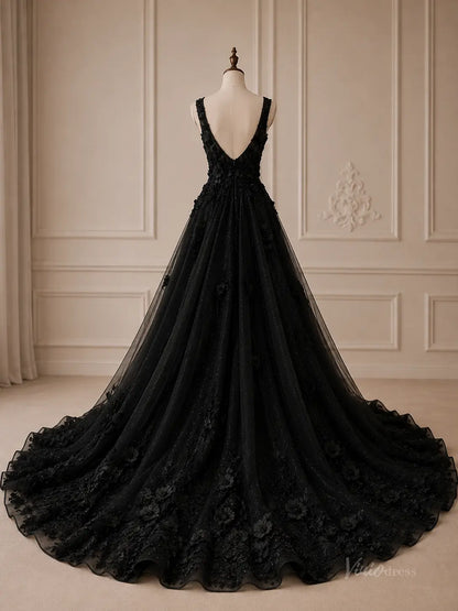 Black A-line wedding dress in glitter tulle with a deep V-back, thick straps, and cascading 3D floral appliqué.