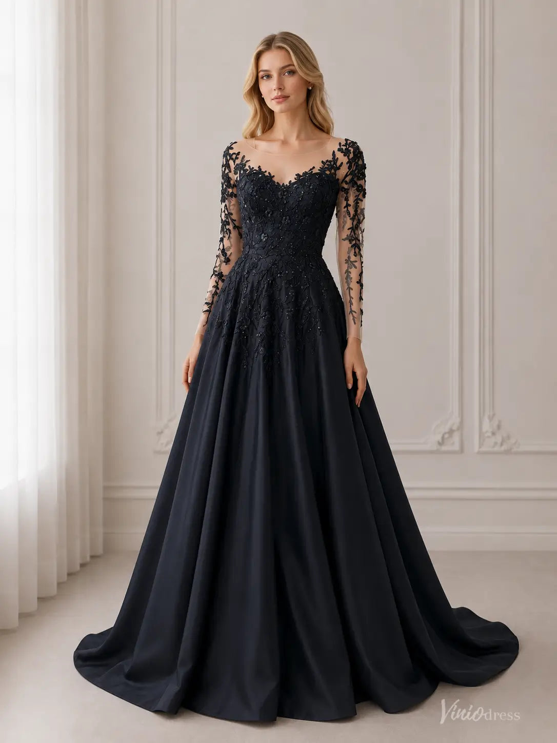 Black Gothic Wedding Dress | Long Sleeve Satin Gown with Beaded Lace Appliqués BK111